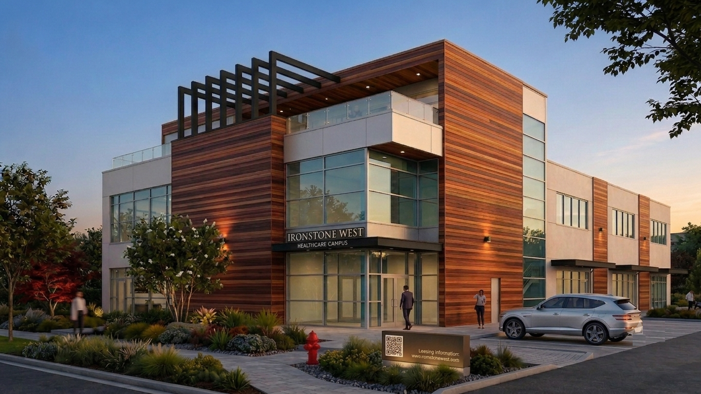 Architectural rendering of Ironstone West Healthcare Campus, a two-storey flex building in West Edmonton clad in cedar and cream stucco.